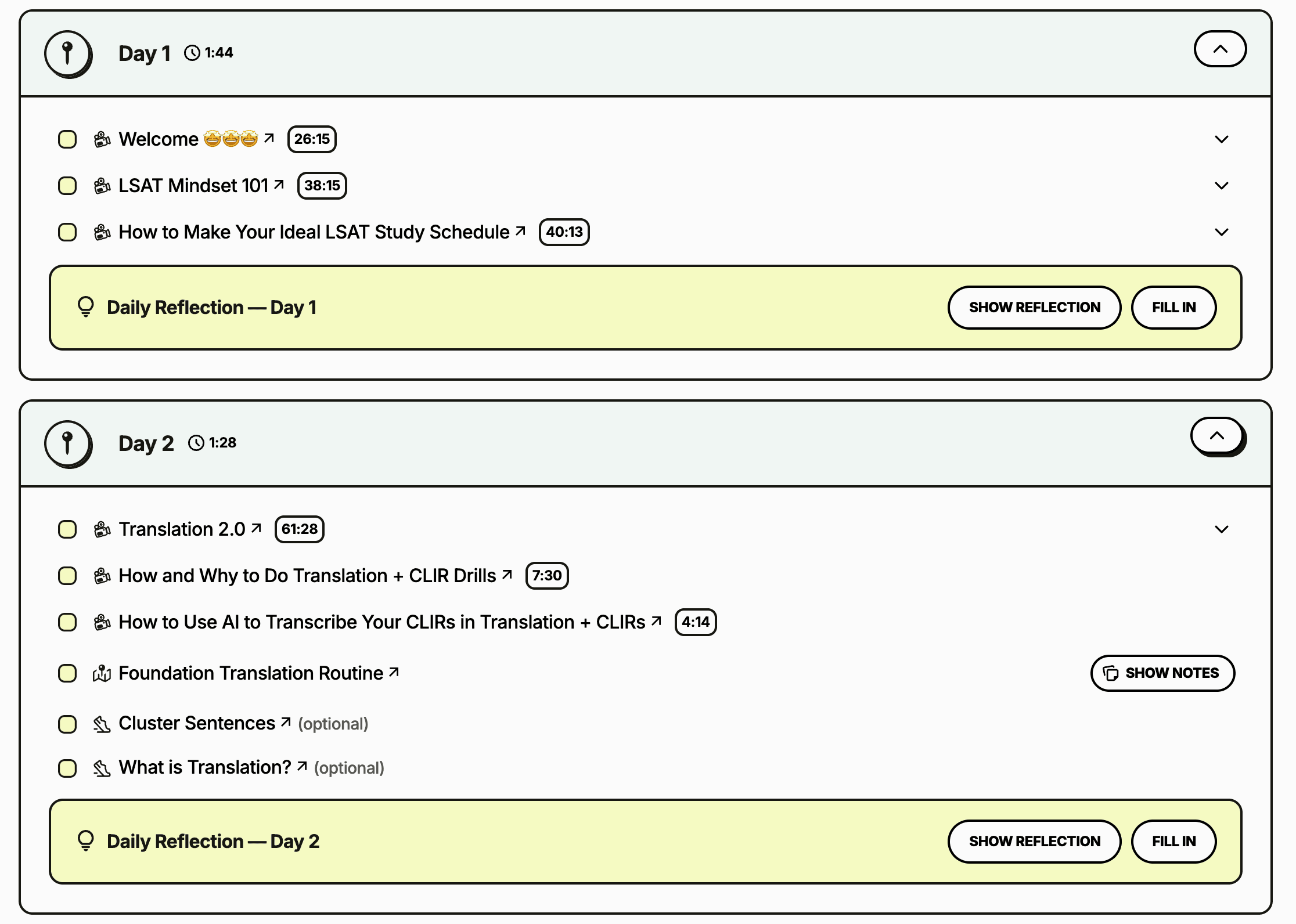 The 21-Day Tandem Plan in Loophole Online: a checklist that pairs each day's reading with platform lessons, drills, and a reflection prompt